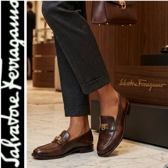 Salvatore Ferragamo Italy Leather Loafers with Gold Hardware